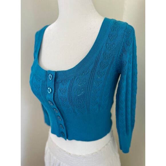 Betsey Johnson Vintage 90s y2k Button Cardigan S Blue Crochet Knit Sweater Crop - Picture 3 of 9